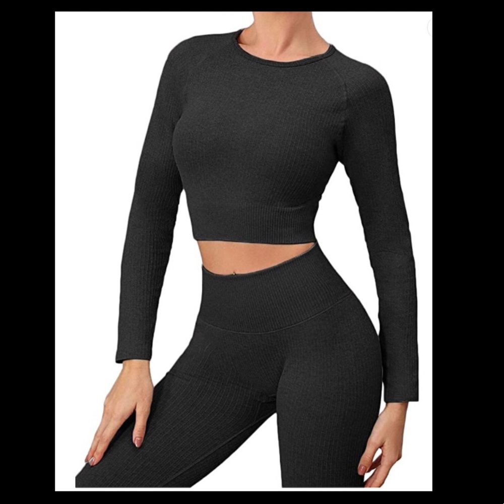 Black Ribbed Workout Set, Leggings and Top